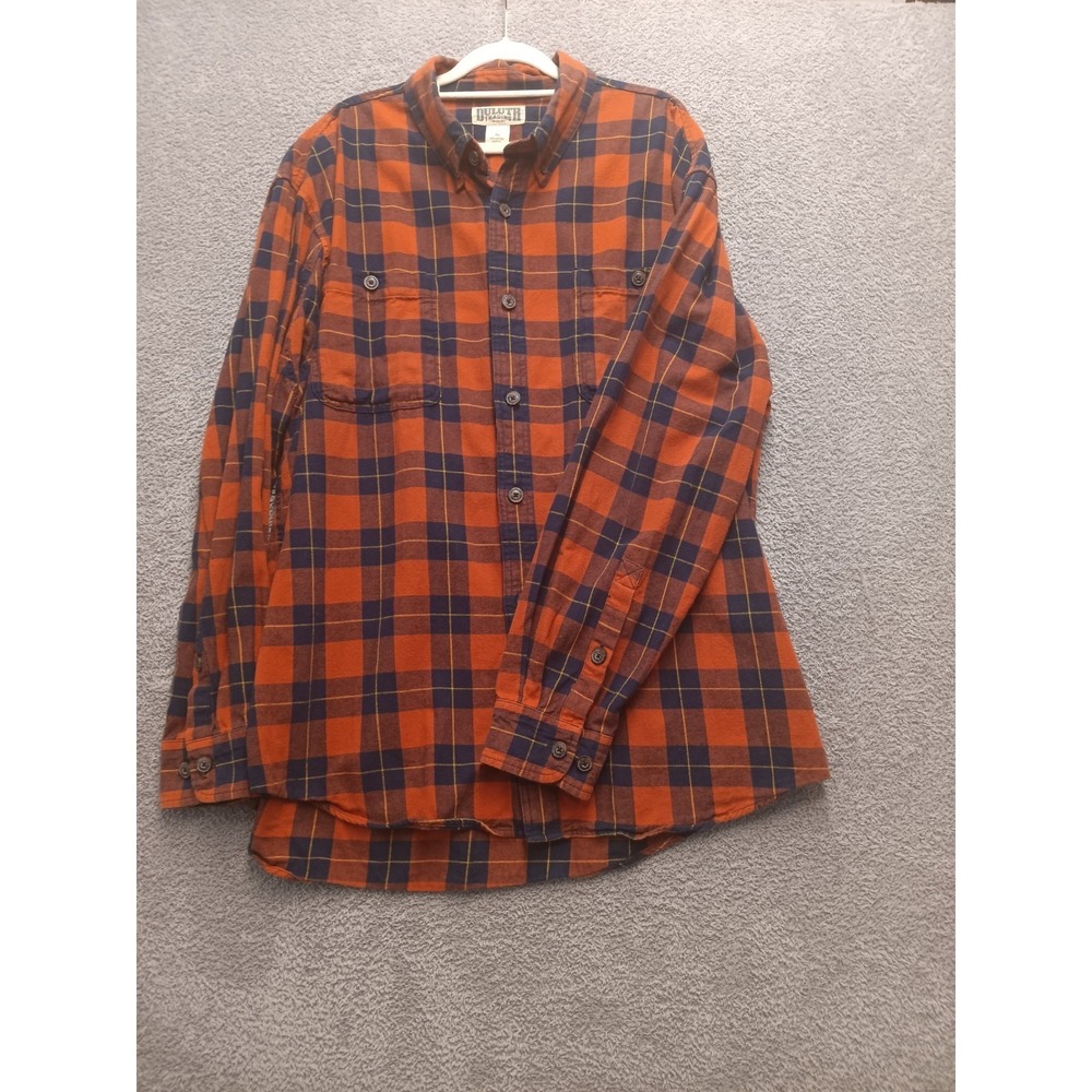 Duluth Trading Co‎ Flannel Shirt XL Orange Navy Plaid 100% Cotton Button Front